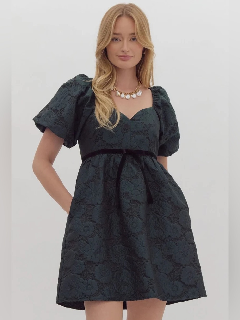 Entro Christmas Green Jacquard Floral Velvet Bow Party Puff Sleeve Dress Size M